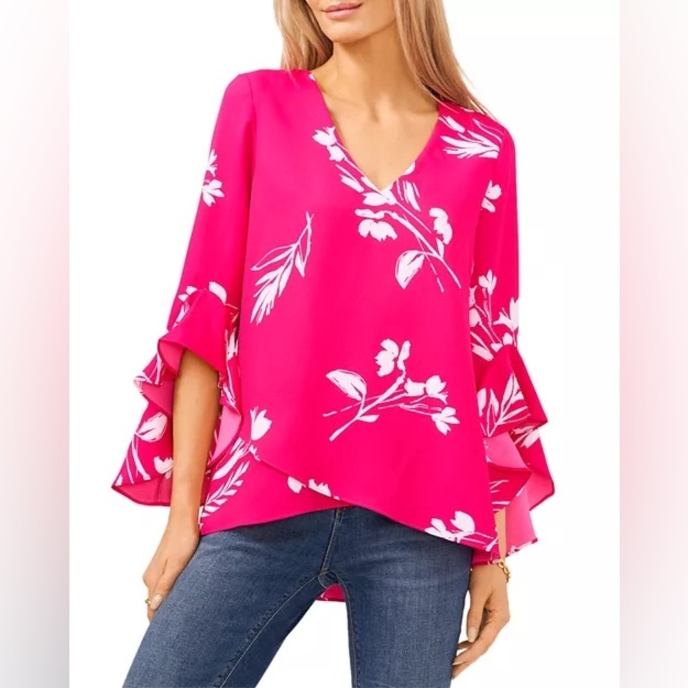 Vince Camuto Floral Whisper Printed Flutter-Sleeve Blouse Pink & White XXS NWT